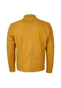 Senfgelb Lederjacke mit glatter Textur, minimalistischem Design, Stehkragen und Nahtdetails auf dem Rücken und den Schultern.