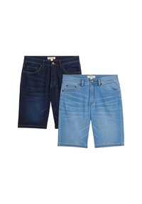 Ensemble de shorts en denim, comprenant une paire bleu foncé et une paire bleu clair. Les deux présentent un design à cinq poches, des détails de couture et des fermetures à bouton en métal.