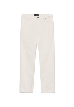 Lichtgekleurde katoenen spijkerbroek met een rechte pijp, voorzien van een knoopsluiting aan de voorkant en vijf zakken. Gladde textuur zonder zichtbare patronen.