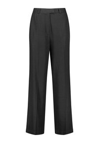 Schwarze, weit geschnittene Hosen aus einem glatten Stoff. Merkmale sind ein gerader Schnitt, Gürtelschlaufen und keine sichtbaren Muster oder Verzierungen.