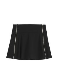 Jupe noire évasée avec taille haute et détail de passepoil blanc vertical de chaque côté, présentée sur fond blanc.
