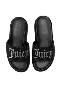 Infradito neri con una fascia testurizzata decorata con strass, che presenta la parola "Juicy" in corsivo argentato sulla parte anteriore.