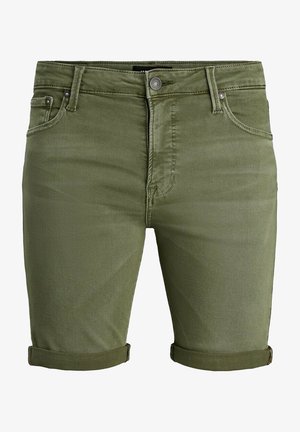 Olivgrüne Denim-Shorts mit einer figurschmeichelnden Passform, umgeschlagenen Säumen, Vordertaschen und einem markierten Knopfverschluss am Bund.