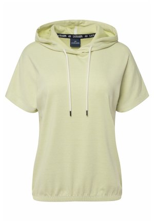 Light green, short-sleeve hooded top with a drawstring closure and subtle diagonal stripe pattern. Soft texture and relaxed fit.