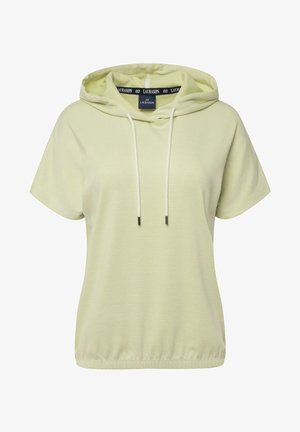 Maglietta verde chiaro a maniche corte con cappuccio e chiusura a coulisse, caratterizzata da un sottile motivo a strisce diagonal. Tessuto morbido e vestibilità rilassata.