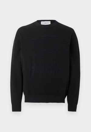 Fekete kerek nyakú pulóver kiemelkedő hímzett felhőkkel és „PEANUTS” felirattal az elején, bordázott mandzsettákkal és szegéllyel, ICEBERG márkajelzés a gallér belsejében.