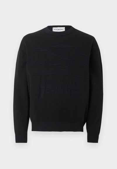 Μαύρο φούτερ με στρογγυλή λαιμόκοψη, με ανάγλυφα κεντημένα σύννεφα και κείμενο «PEANUTS» στο μπροστινό μέρος, με ριμπ μανσέτες και τελείωμα, ετικέτα της μάρκας ICEBERG μέσα στον γιακά.