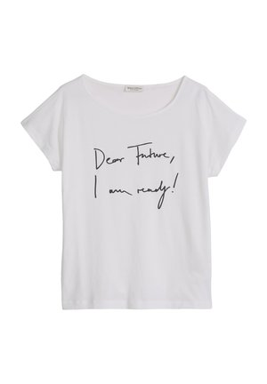 Witte T-shirt met korte mouwen en een ronde hals met zwarte handgeschreven tekst op de voorkant: "Beste Toekomst, ik ben er klaar voor!"