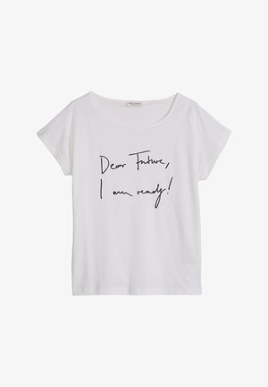 Weißes T-Shirt mit kurzen Ärmeln und rundem Ausschnitt mit schwarzem, handgeschriebenem Text auf der Vorderseite: „Liebe Zukunft, ich bin bereit!“