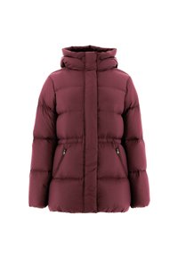 Burgunderfarbener Puffer-Jacke mit Kapuze, die ein gestepptes Design, mit Reißverschluss versehene Seitentaschen und einen Frontverschluss aufweist. Weicher, gepolsterter Stoff.