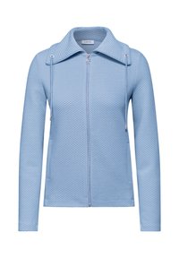 Giacca a zip blu chiaro realizzata in materiale testurizzato con un grande colletto, dettagli con cordino e chiusura a zip liscia.