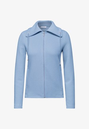 Himmelblaues Zip-Jacke aus strukturiertem Material mit großem Kragen, Kordelzug-Akzenten und einem glatten Reißverschluss.