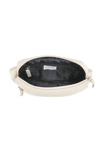 Borsa in pelle sintetica color crema con chiusura a zip, fodera in tessuto nero e tasca interna. Presenta una forma piatta e ovale per una facile portabilità.