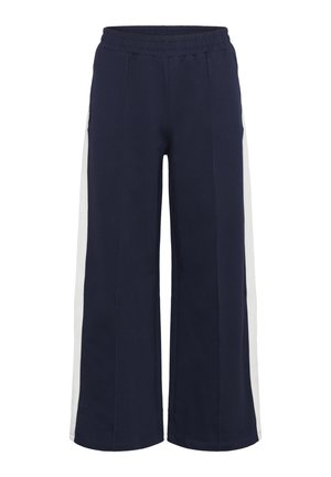 Navy blue wide-leg pants made of soft fabric, featuring a white side stripe design and an elastic waistband for comfort.