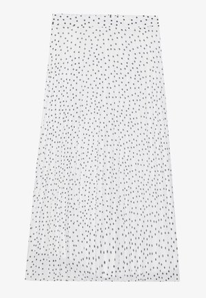 Weißer plissierter Rock mit schwarzen Polka-Dots, der eine glatte Textur und einen elastischen Bund aufweist. Die Länge reicht bis unter das Knie.