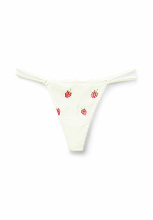 Witte kanten string met dubbele zijbandjes, versierd met kleine rode aardbeien borduursels op het voorpaneel.