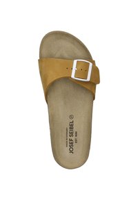 Braune Leder-Sandale mit einem einzelnen Riemen und einer silbernen Schnalle. Das Fußbett ist mit einer weichen Textur gepolstert und trägt eine Markenkennzeichnung.