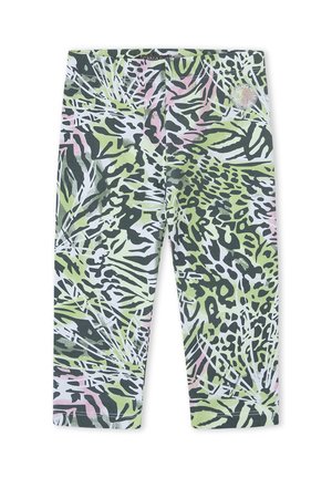 Leggings recortados para niños con estampado abstracto de animales y hojas en verde, negro, blanco y rosa, con un pequeño logo redondo cerca de la cintura.