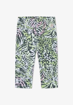 Leggings recortados para niños con estampado abstracto de animales y hojas en verde, negro, blanco y rosa, con un pequeño logo redondo cerca de la cintura.
