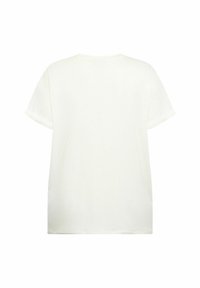 Balta medvilnė T-shirt su trumpomis rankovėmis, apvaliu kaklu ir laisvu siluetu. Lygi tekstūra, be matomų raštų ar puošmenų.
