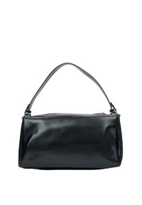 Czarna skórzana torebka o gładkiej teksturze, prostokątnym kształcie i wydłużonym pasku. Wyposażona w srebrny zamek błyskawiczny i minimalistyczny design.