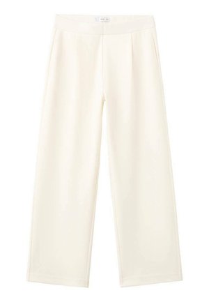 Witte, wijduitlopende broek gemaakt van een gladde stof, met een platte tailleband en twee zakken aan de voorkant met subtiele plooien.