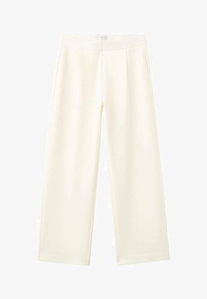 White, wide-leg trousers made from a smooth fabric, featuring a flat waistband and two front pockets with subtle pleats.