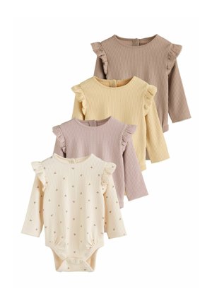 Set aus vier Baby-Bodysuits mit langen Ärmeln aus geripptem Stoff. Mit Rüschen an den Schultern, in hellen Farben: Creme mit floralem Muster, blassgelb, lilafarben und tan.