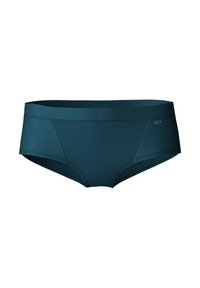 Donkerblauwe bikini onderkant met een gladde textuur, met een lage taille en zijpanelen. Geen zichtbare hardware of patronen.
