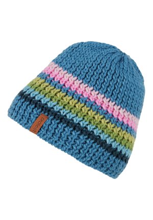 Bonnet épais tricoté bleu avec des rayures horizontales en rose, rose clair, vert, bleu clair et bleu foncé, avec une petite étiquette de marque marron.