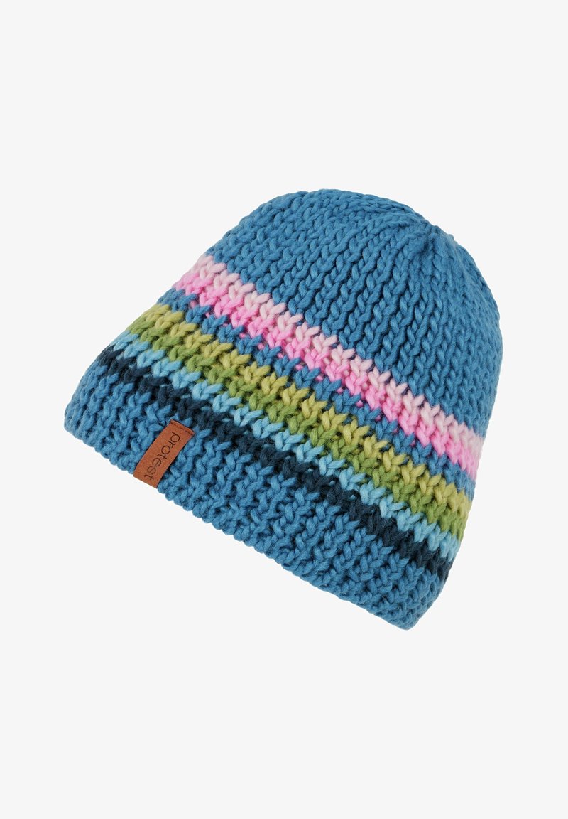 Bonnet épais tricoté bleu avec des rayures horizontales en rose, rose clair, vert, bleu clair et bleu foncé, avec une petite étiquette de marque marron.