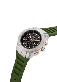 Orologio cronografo da uomo con quadrante nero, cassa in acciaio inossidabile argentato e oro rosa, e cinturino in silicone verde. Presenta tre quadranti secondari.