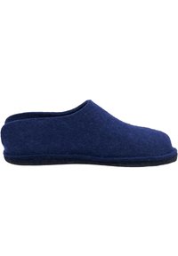 Pantofole slip-on in feltro blu navy con punta arrotondata, texture morbida, schiena bassa e suola in gomma nera. Design semplice, senza motivi visibili.