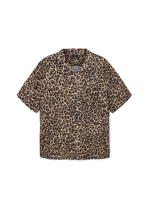 Short-sleeve, button-up shirt in a tan fabric with a black leopard print pattern. Features a classic collar and pocket on the left side.
