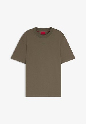 Olive green short-sleeve T-shirt made of cotton. Features a crew neck and subtle logo in the same color on the front.