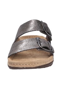 Gray metallic two-strap sandal with textured upper, adjustable buckles, and a cushioned tan footbed on a dark sole.