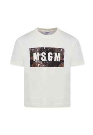 T-shirt en coton blanc arborant un graphisme rectangulaire avec "MSGM" en lettres majuscules, sur un fond marron texturé avec des détails d'éclaboussure.