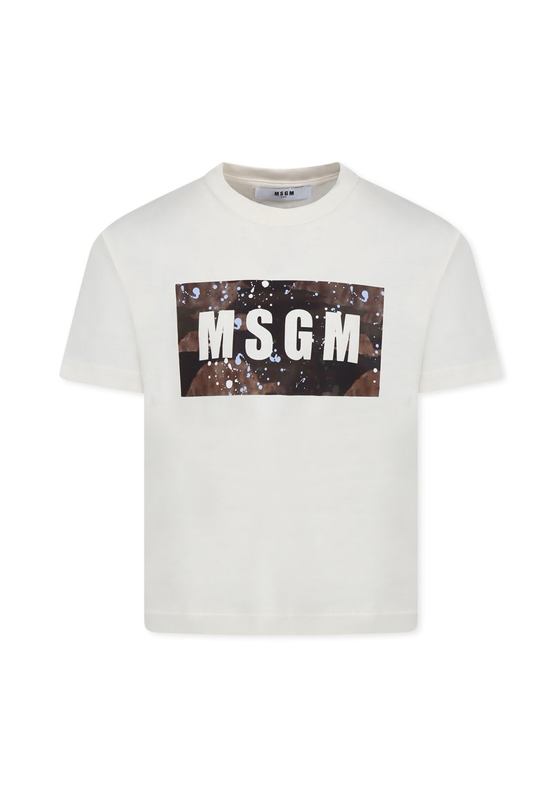 T-shirt bianca in cotone con un grafico rettangolare che presenta "MSGM" in lettere più grandi, su uno sfondo marrone testurizzato con dettagli di spruzzi.