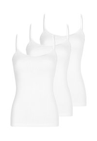 Three white cotton tank tops with thin straps, featuring a fitted design and seamless hems, displayed in a row.