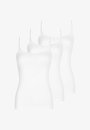 Three white cotton tank tops with thin straps, featuring a fitted design and seamless hems, displayed in a row.