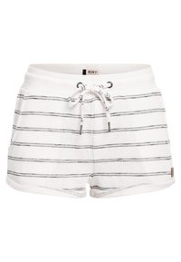 Weiße Shorts mit schwarzen horizontalen Streifen, Kordelzugbund, Vorderaschen und einem kleinen Logo-Label an der Seite. Weicher Stoff.