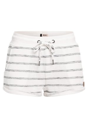 Shorts blancs avec des rayures horizontales noires, taille élastique avec cordon, poches avant, et une petite étiquette logo sur le côté. Texture douce.