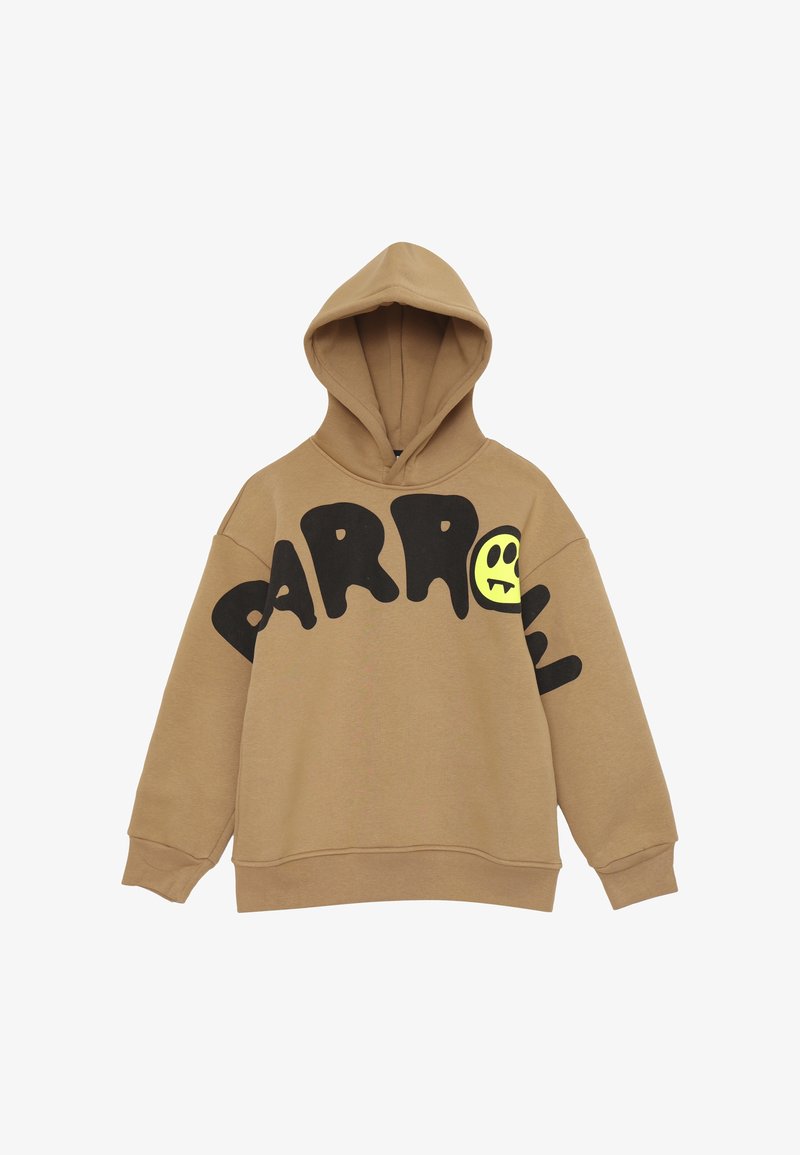 Felpa marrone con un ampio design di testo nero e una grafica di un sorriso giallo. Realizzata in materiale morbido, ha una vestibilità comoda e una tasca a marsupio.