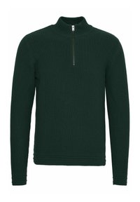 Dunkelgrüner, gerippter Strickpullover mit hohem Kragen und kurzem Reißverschluss. Verfügt über lange Ärmel und einen strukturierten Stoff.