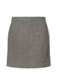 Zwart-witte rokken met een visgraatpatroon van geweven stof, heeft een aansluitende taille en een rechte snit zonder zichtbare sluitingen.
