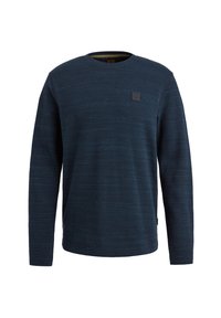 Marineblaues Langarm-Sweatshirt aus strukturiertem Stoff, mit Rundhalsausschnitt und einem kleinen Logo-Patch auf der Brust.