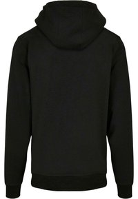 Sort hættebluse med kængurulomme, der har snor i hætten, ribbede manchetter og kant. Lavet af blødt, struktureret stof. Bagfra set.