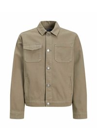 Beige farmerdzseki gallérral, két mellzsebbel és oldalzsebekkel. Ezüst sznapszeg gombok; egyenes szabás, közepes súlyú anyag és struktúrált felület.
