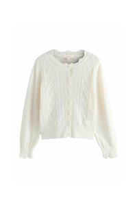 Biely pletený cardigan s diamantovým vzorom, členitým golierom a predným zapínaním na gombíky. Dlhé rukávy s elastickými manžetami.