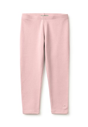 Lichtroze peuterlegging met een elastische tailleband en een klein geborduurd logo nabij de onderzoom op een witte achtergrond.